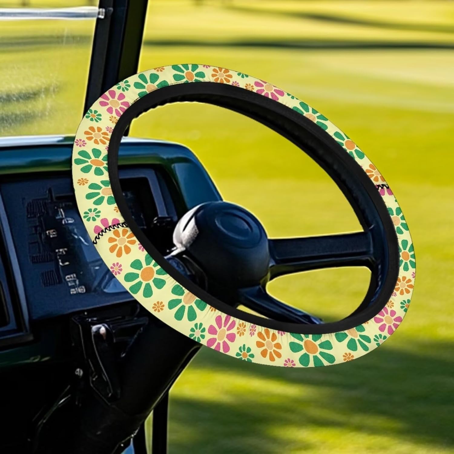 Colorful Daisies Stretch Steering Wheel Cover Golf Golf Cart Steering Wheel Covers Fit 13-14 Inch Car Anti-Slip Absorbing Sweat Interior Decor Steering Wheel Accessories Comfortable image 2