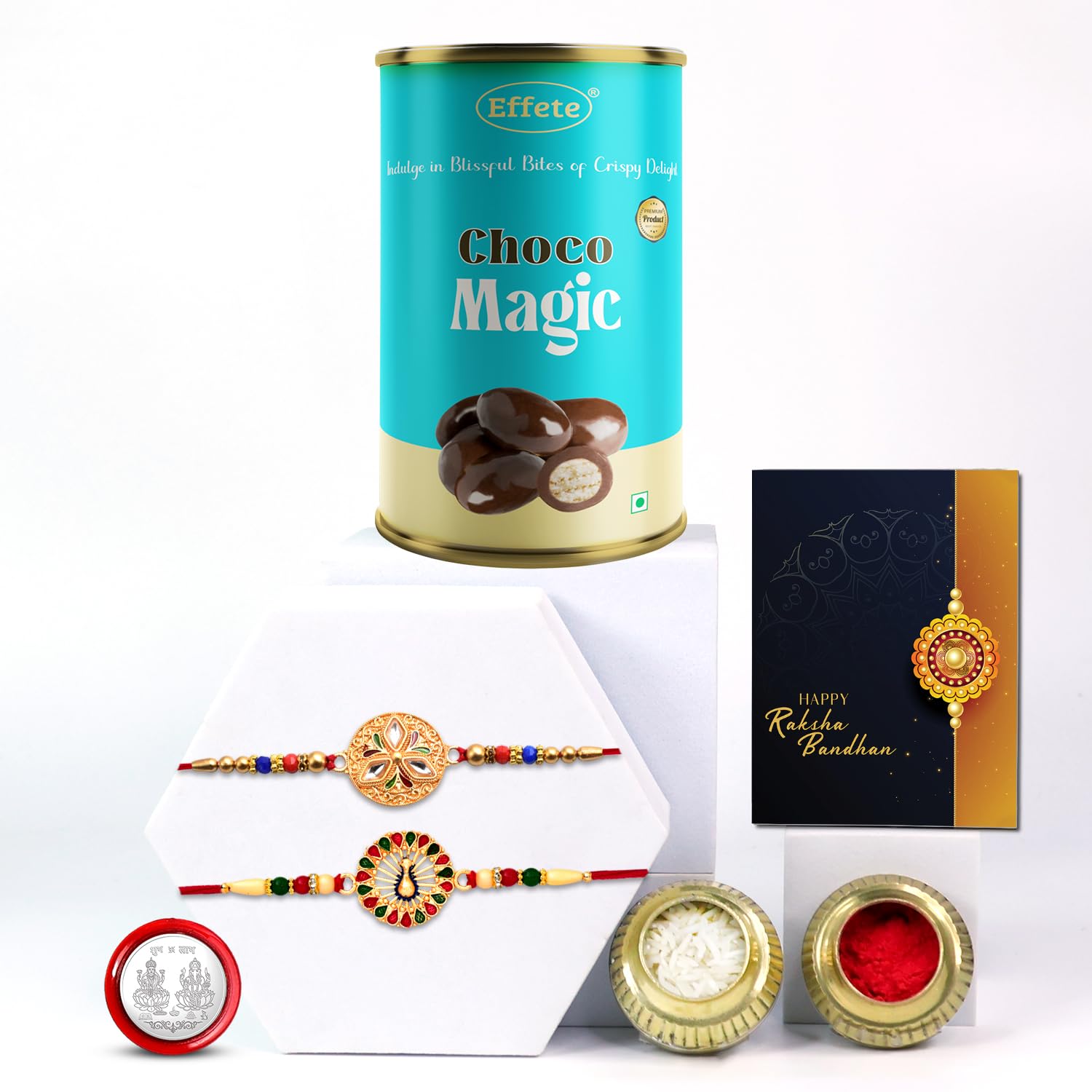 DeoDap Rakhi for Brother – Multicolor Thread with Effete Magic Chocolate, Silver Color Pooja Coin, Roli Chawal & Greeting Card | Festive Gift Set | rakhi with gift | Rakhi Combo | Set of 2 | K2_124+543_CM96-image-46