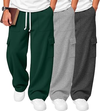 Oakgarden 3 Pack Boys Cargo Wide Leg Sweatpants | Teen School Pants, Kids Athletic Baggy Open Bottom, Uniform with Pockets, Back to School Outfits, Workout Trousers 5-14 Years