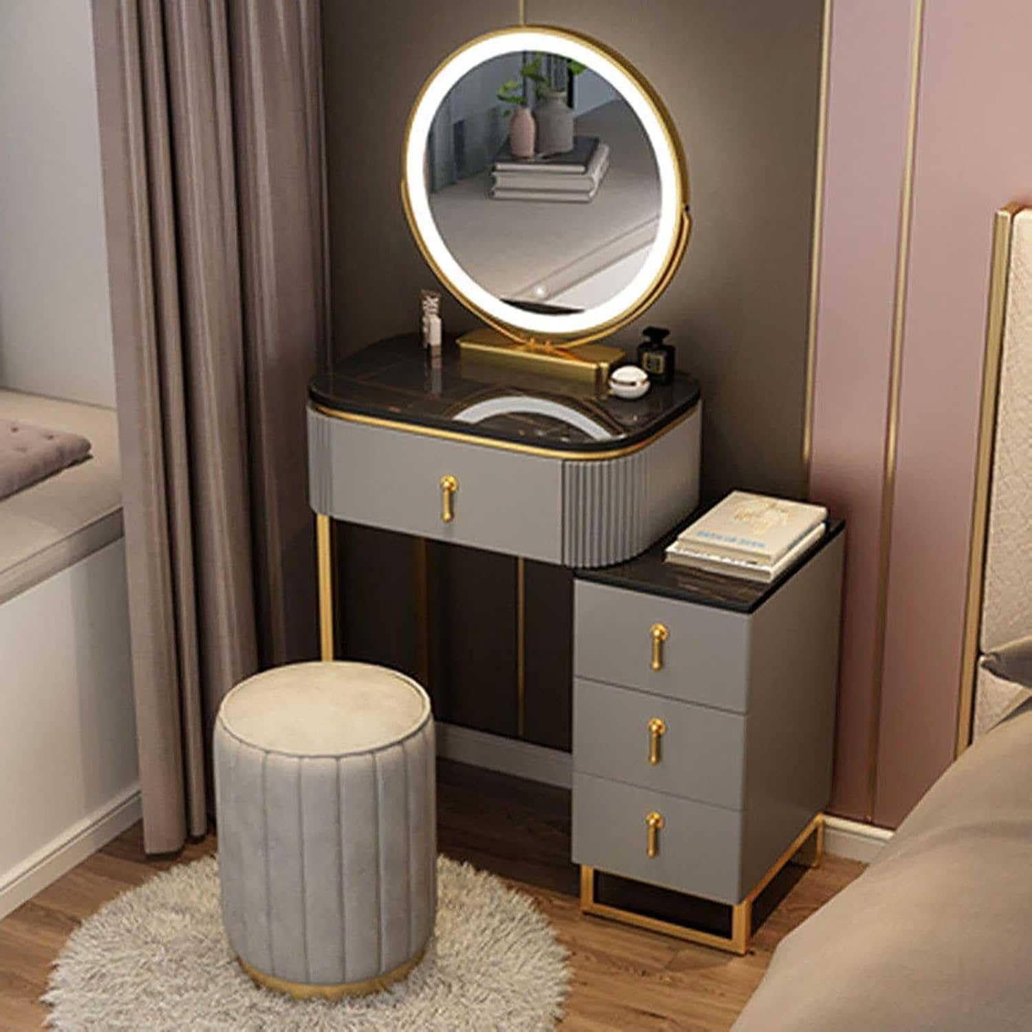 asdchZen Adjustable Grey Led Touch Light Vanity Desk Set With Makeup Mirror-Perfect For Bedroom & Bathroom Stylish Cosmetic Table For Beauty Enthusiasts