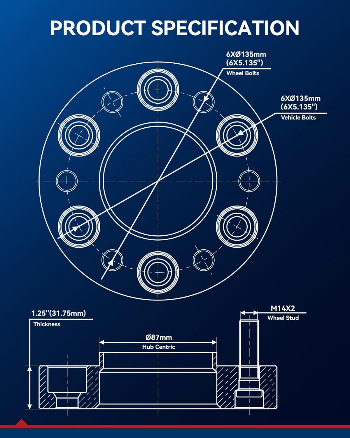 KAX 6x135mm Wheel Spacers 1.25 inch for F-1-50, 6 Lug Hubcentric Spacers with 87mm Hub Bore M14x2 Studs for Expedition, F-1-50 Heritage, Mark LT, Navigator,2Pcs 6x135mm Aluminum Tire Spacer