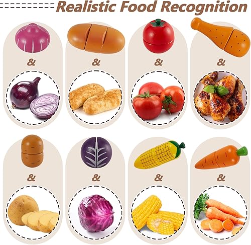 Miniatura 5 de HERSITY Cesta de pícnic, juguetes de madera para niños pequeños, cortar verduras, juguetes para niños, accesorios de cocina, juego de fiesta de té,