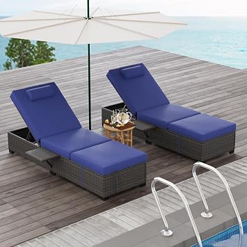 IDEALHOUSE Outdoor Chaise Lounge Set of 2, 5-Level Adjustable Backrest PE Rattan Wicker with Foldable Side Table, High-Elastic Cushion, 350LBS Load, Easy-Clean, for Poolside Patio Deck