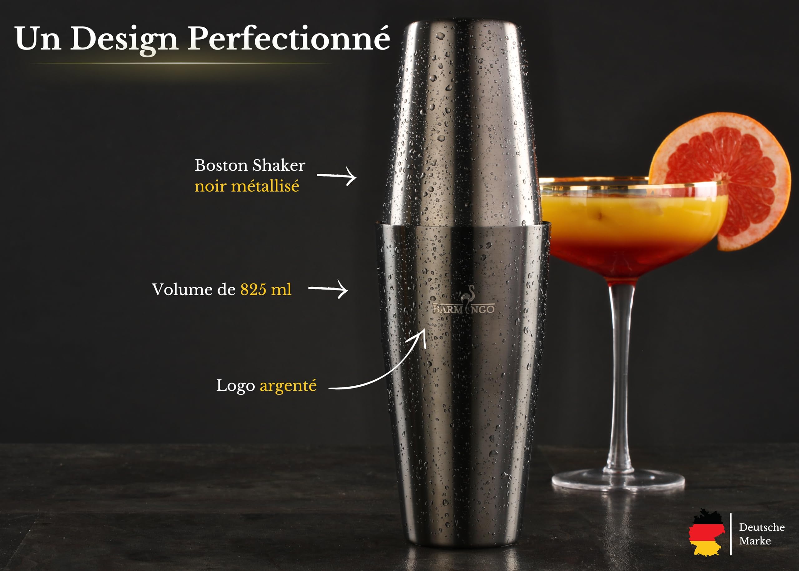 Boston Shaker Cocktail Kit | 11 Pièces, Volume de 825 ML, Noir Métallisé | Shaker Cocktail INOX avec Support et Accessoires de Bar |Set Barman Cocktail Shaker |Kit Cocktail Professionnel
