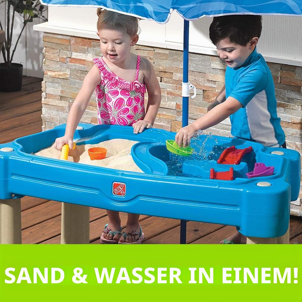 Step2 Cascading Cove Sand & Wassertisch mit Sonnenschirm | Wasserspieltisch für Kinder in Grün | Wasserspielzeug / Sandtisch für den Garten
