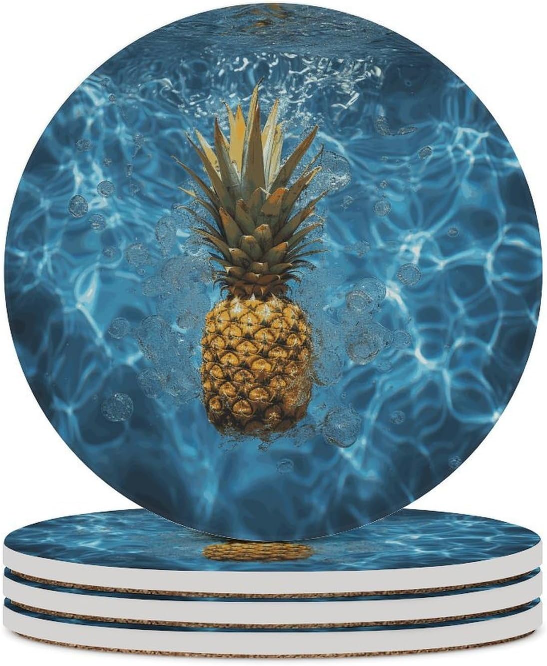 Pineapple in The Pool Coaster with Cork Base Drink Coasters for Coffee Table Decor Modern Cup Coasters with Non-Slip & Heat-Resistant Cute Ceramic Table Coaster for Home Dining