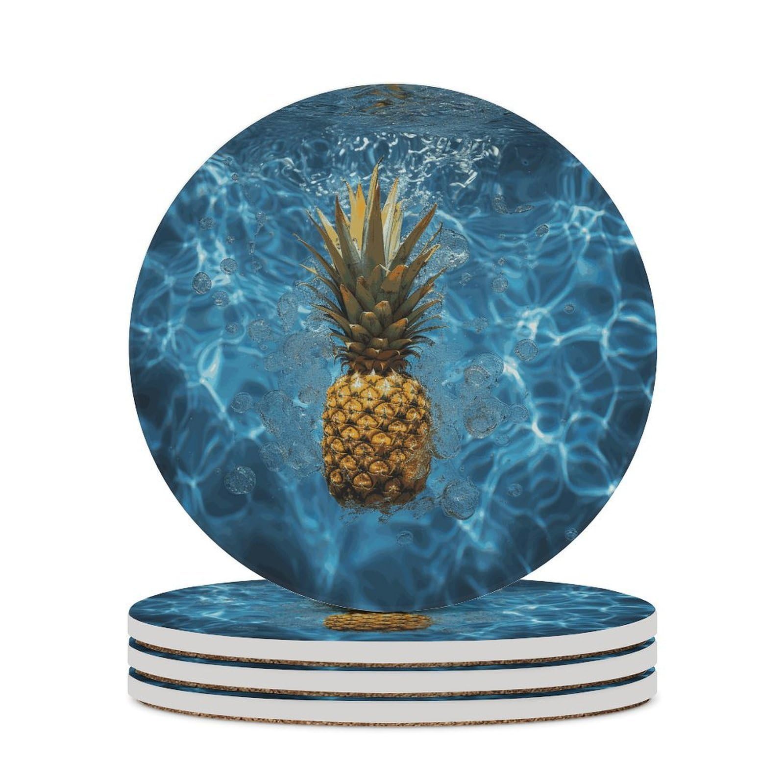Dessous de verre en céramique lot de 4 avec base en liège antidérapant motif ananas