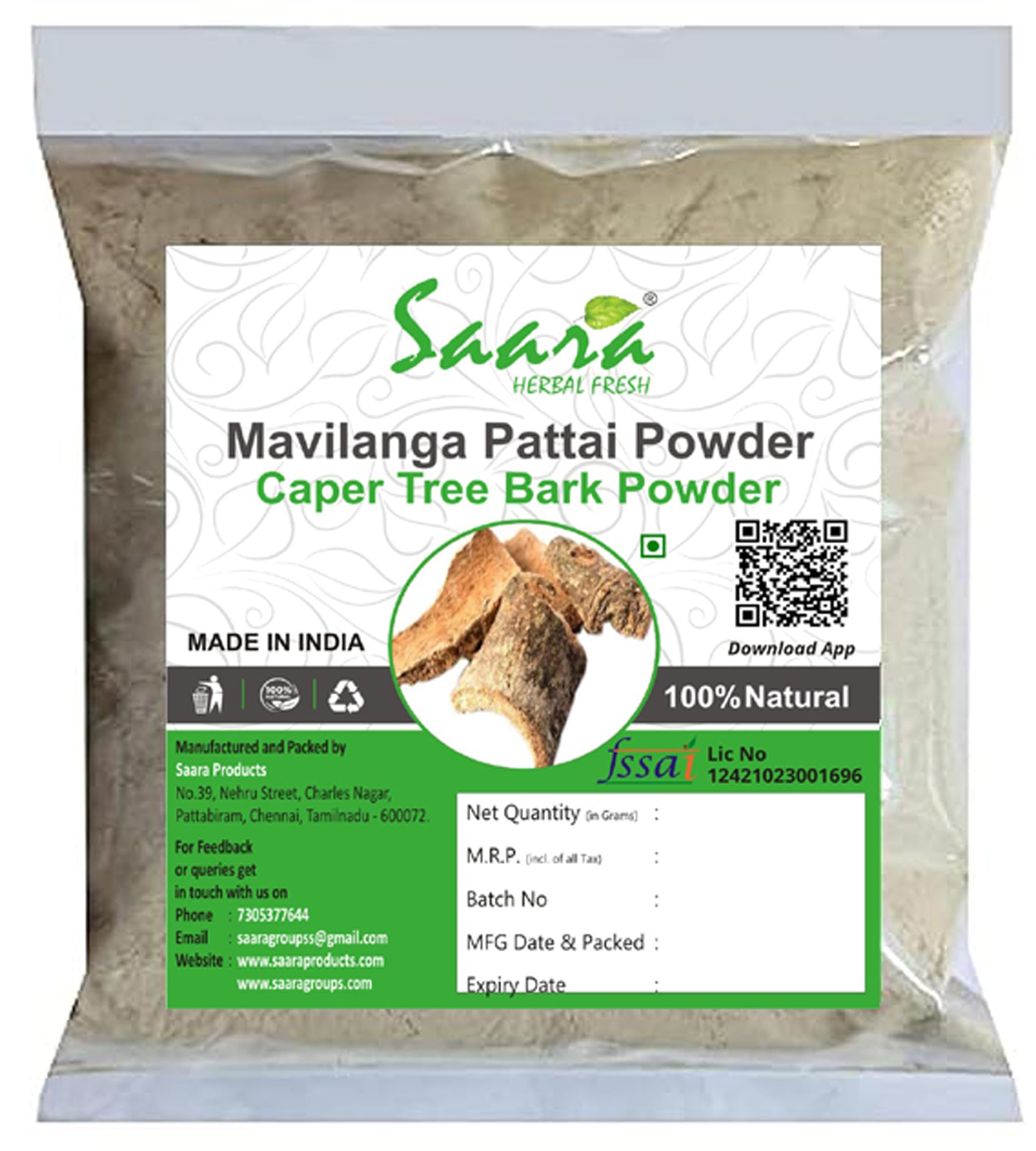 Saara HERBAL FRESH Mavilanga Pattai Powder(100gram) Mavilanga Pattai,Maavilanga Pattai,Varun Chhal,Barna, Crataeva Nurvala Bark,Caper Tree Bark Powder, 100g (Pack 100g x 1) (B07WLKRYLK) Amazon Price History, Amazon Price Tracker