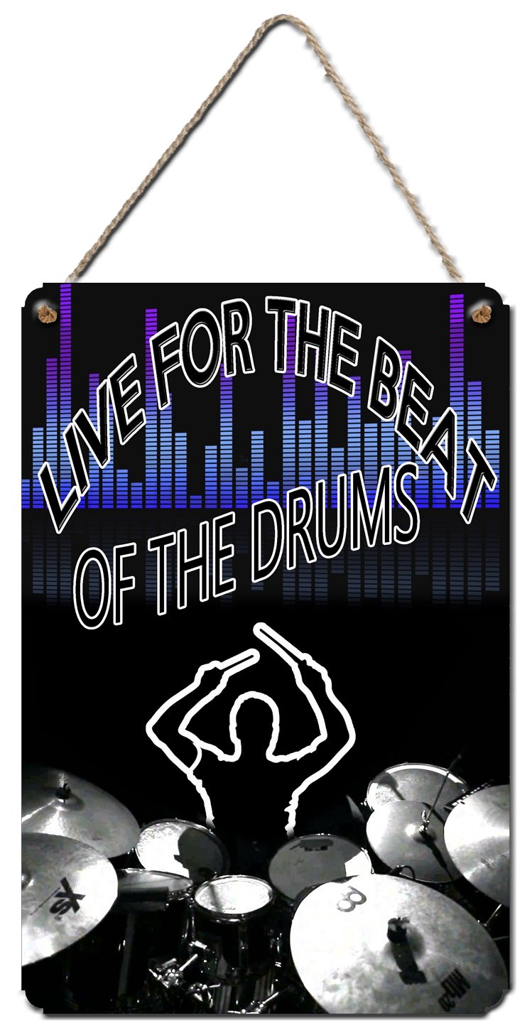 Kazmugz Drummer Wall Plaque. Live For The Beat Of The Drums. Can Be Personalised. 28X19cm Hanging Metal Sign. Colourful Wall Art Drummer Drumming Drum Gift.