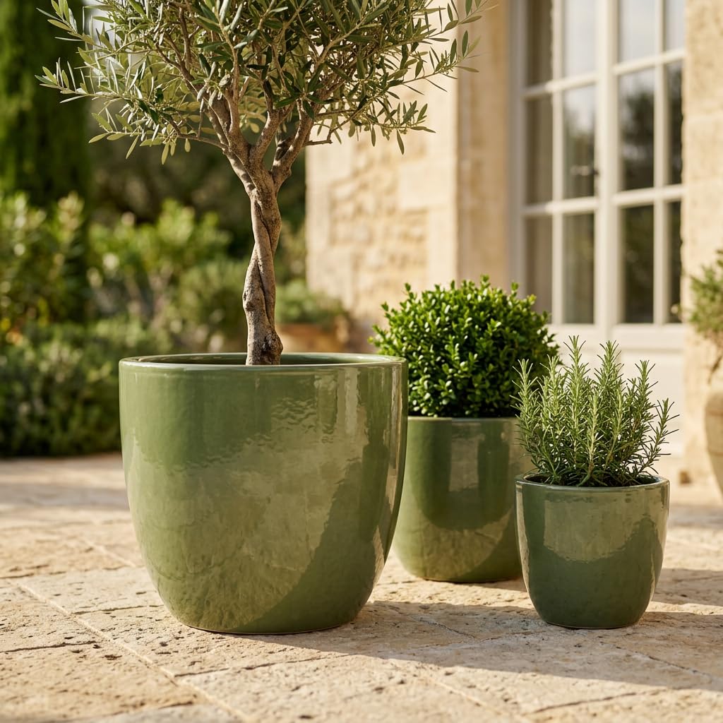 Lancelot Keramik Pflanzkübel Ø 47 x H 41 cm Jade-Perle — Pflanzgefäß groß frostbeständig handgefertigt glasierte Terrakotta Übertopf Garten Terrasse Balkon