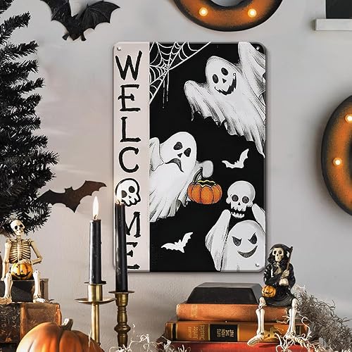 Letrero de bienvenida de Halloween para puerta delantera, decoración de Halloween, letreros de metal, retro vintage, fantasma, decoración de