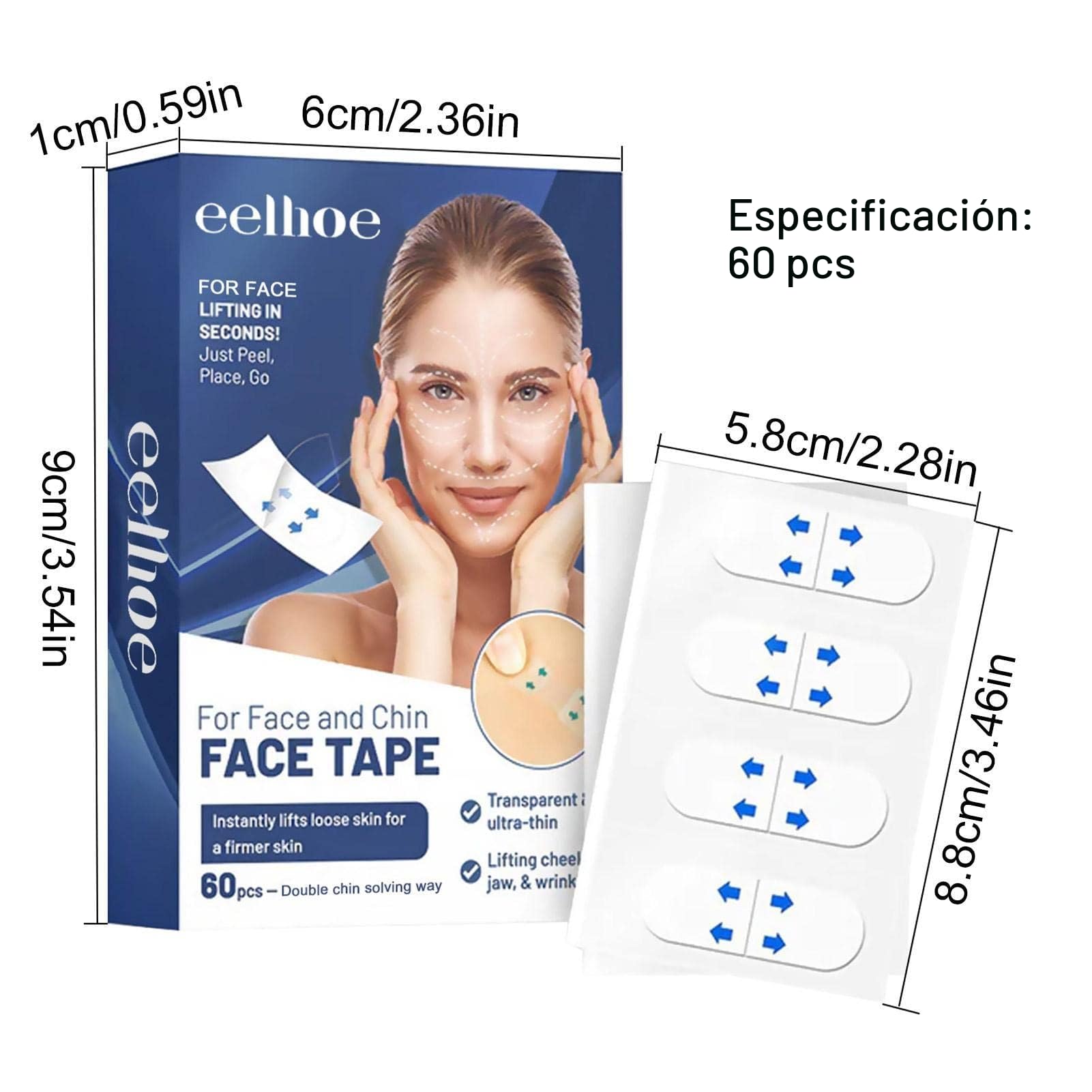 estiramiento facial invisible | Cinta facial antiarrugas | 60 unidades arrugas, cuello, mentón doble, mejillas, parches secretos maquillaje Lingjiong