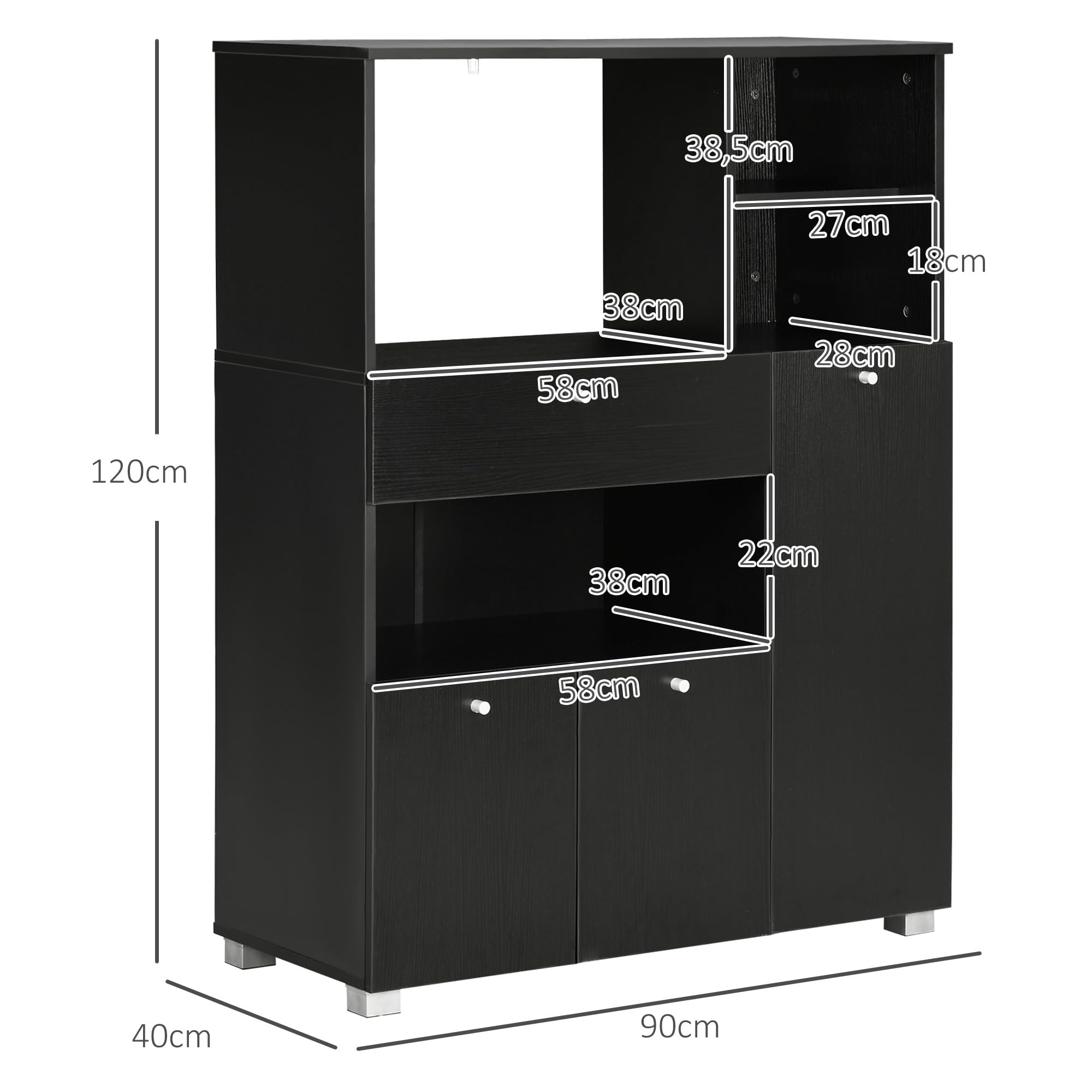HOMCOM Meuble de Micro-Onde Buffet 2 Placards 90L x 40l x 120H cm Noir | Armoire Cuisine, Meuble de Rangement Multi-Rangements, 4 Niches, Tiroir Coulissant, en Bois