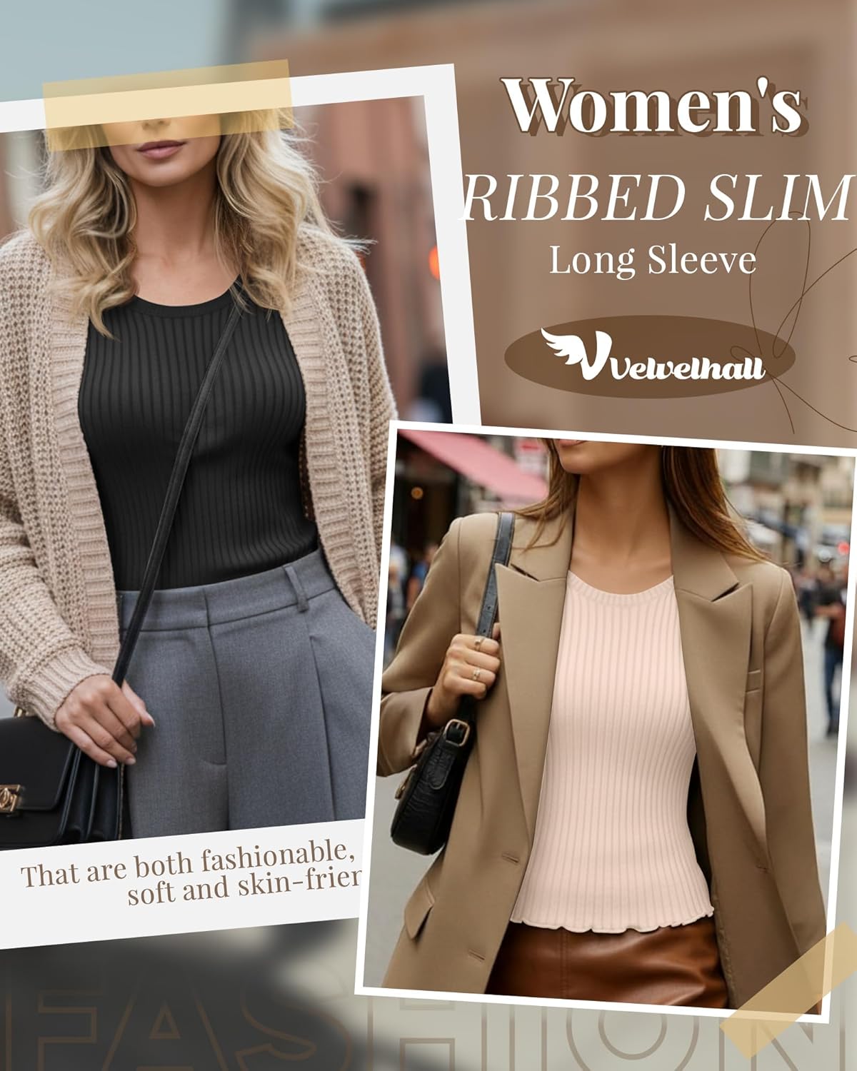 3 Pack Cotton Womens Ribbed Shirt Long Sleeve Undershirt Crewneck Fitted Tops Stretch Knit Lettuce Trim Casual Tee - Image 3