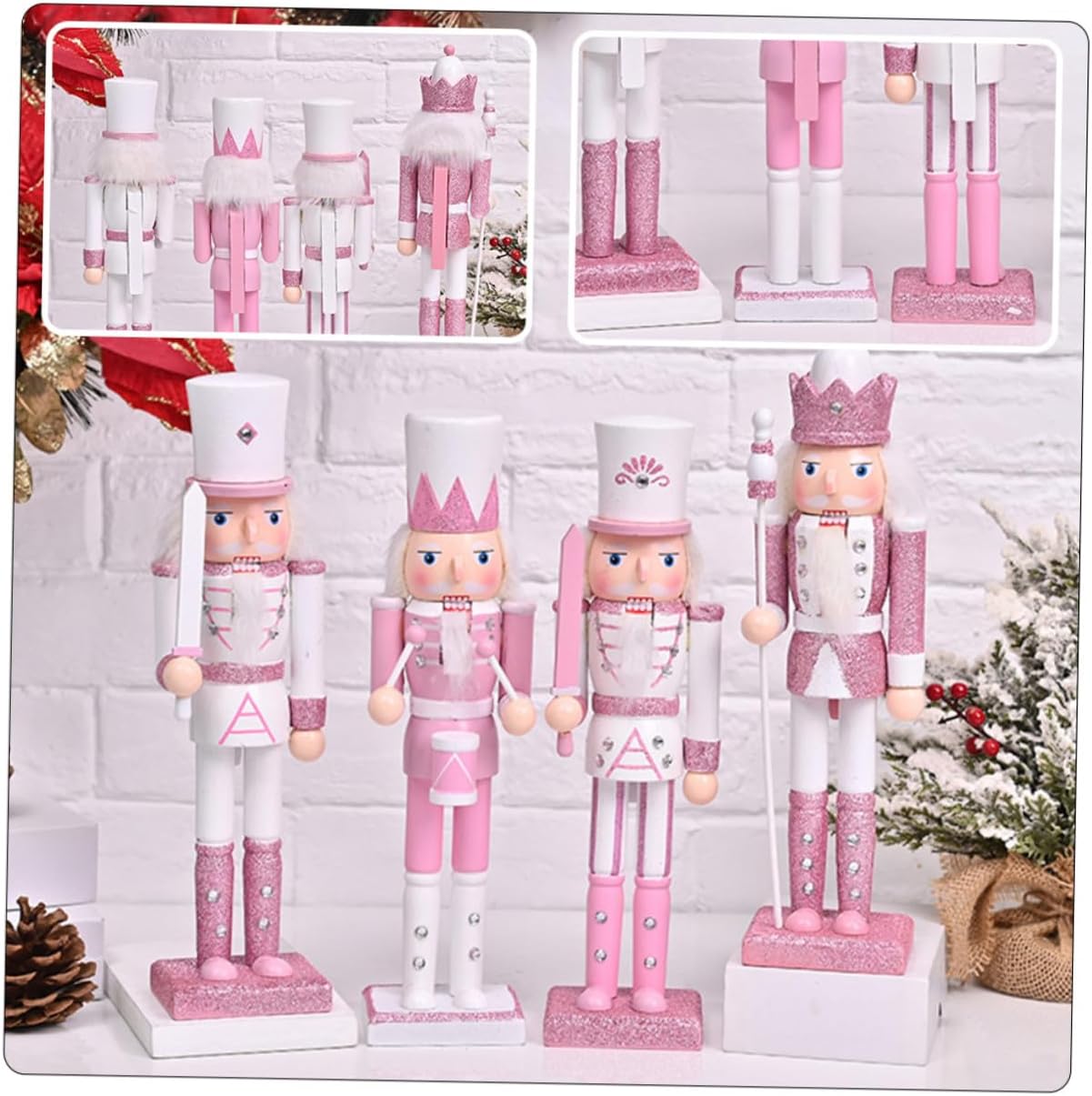4pcs Pink Wooden Nutcracker Decoration Set, 24cm Christmas Traditional Nutcracker Figurines for Tabletop and ’