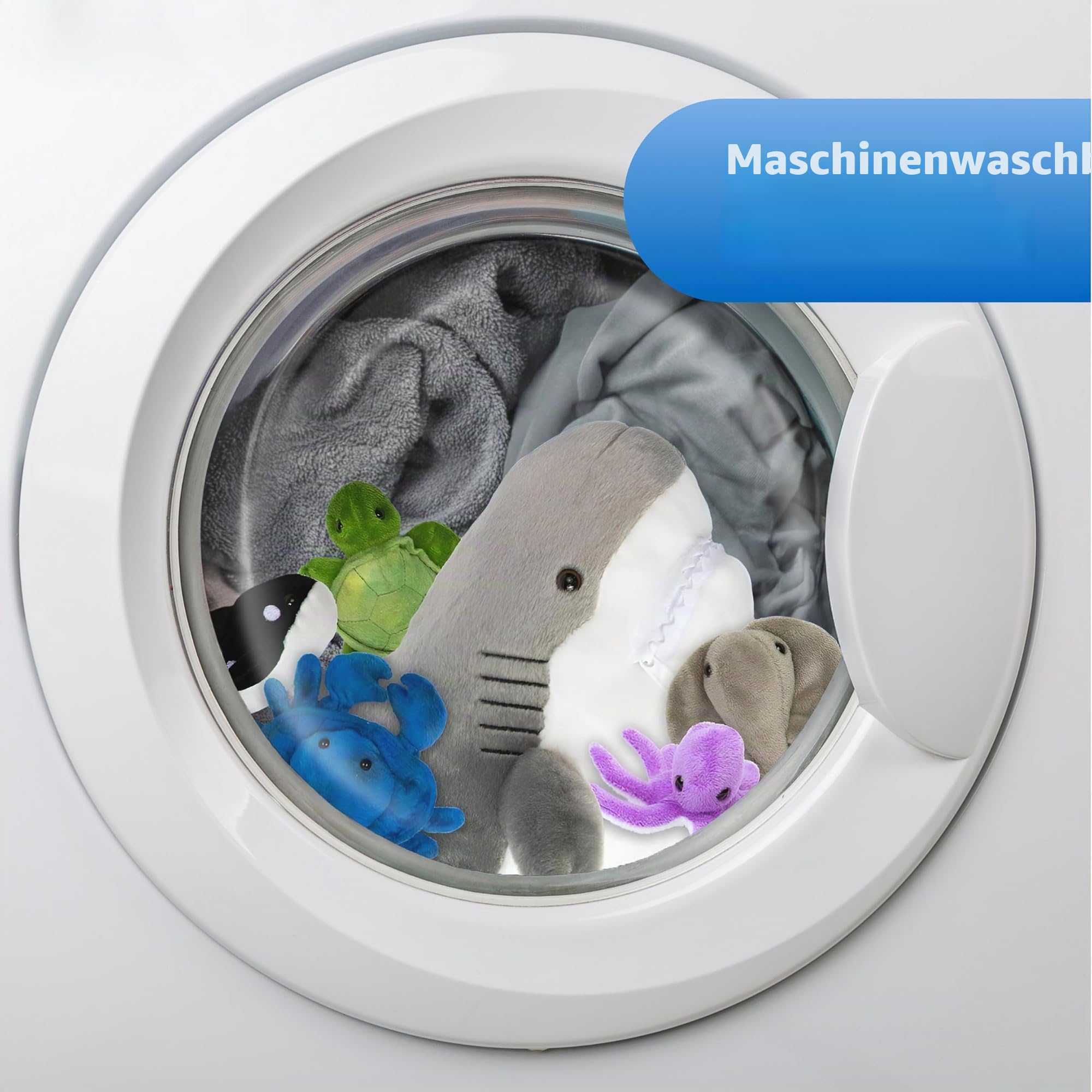 Prextex 38 cm großer Plüsch-Hai Plus 5 weiche Plüsch-Meerestiere, Kuscheltiere Stofftiere wie Oktopus, Krabbe, Schildkröte, Stachelrochen und Blauwal