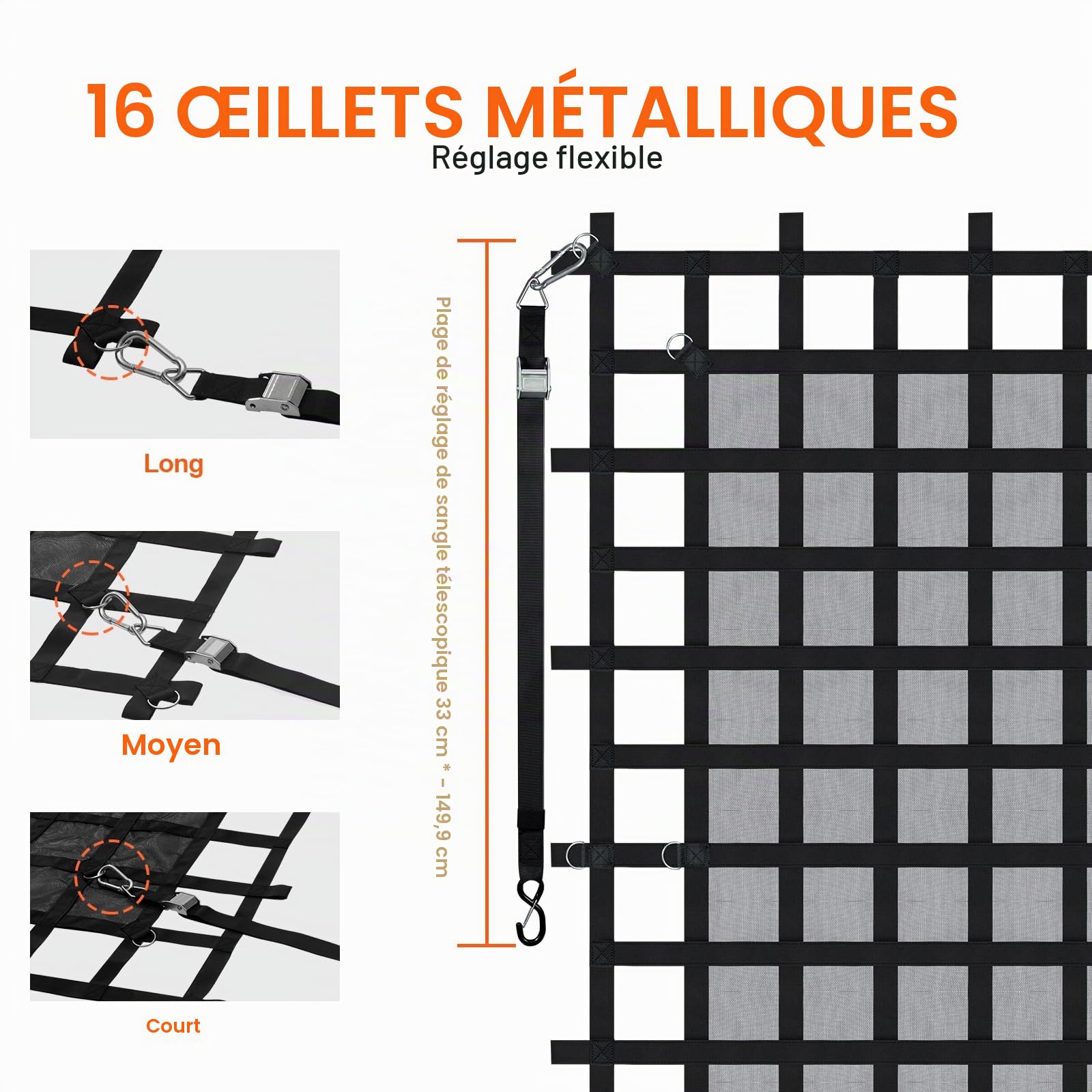 VEVOR Filet de Chargement, 244x206 cm, Filet à Bagages Robuste pour Camion, 680 kg, 4 Sangles réglables avec mousquetons et Crochets en S, résistant à l'usure, aux intempéries, pour Jeep, SUV, Bateau