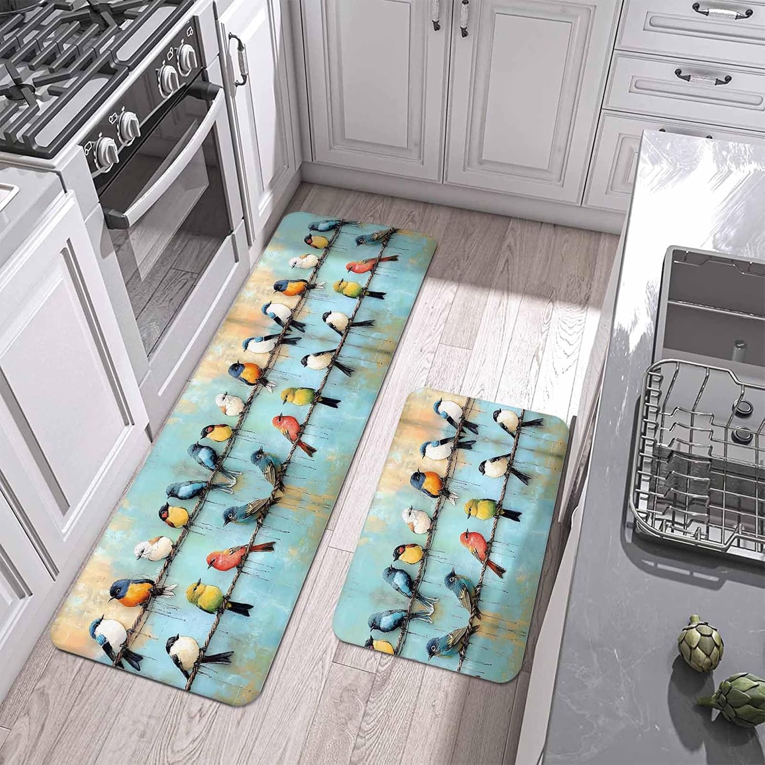 Prime Leader Abstract Birds Kitchen Mat Set 2 Pieces Singing Birds Birds Standing on Wire Non Slip Kitchen Rugs Washable Runner Rug Mats for Sink Laundry Office (15.7" x 23.6"+15.7" x 47.2")
