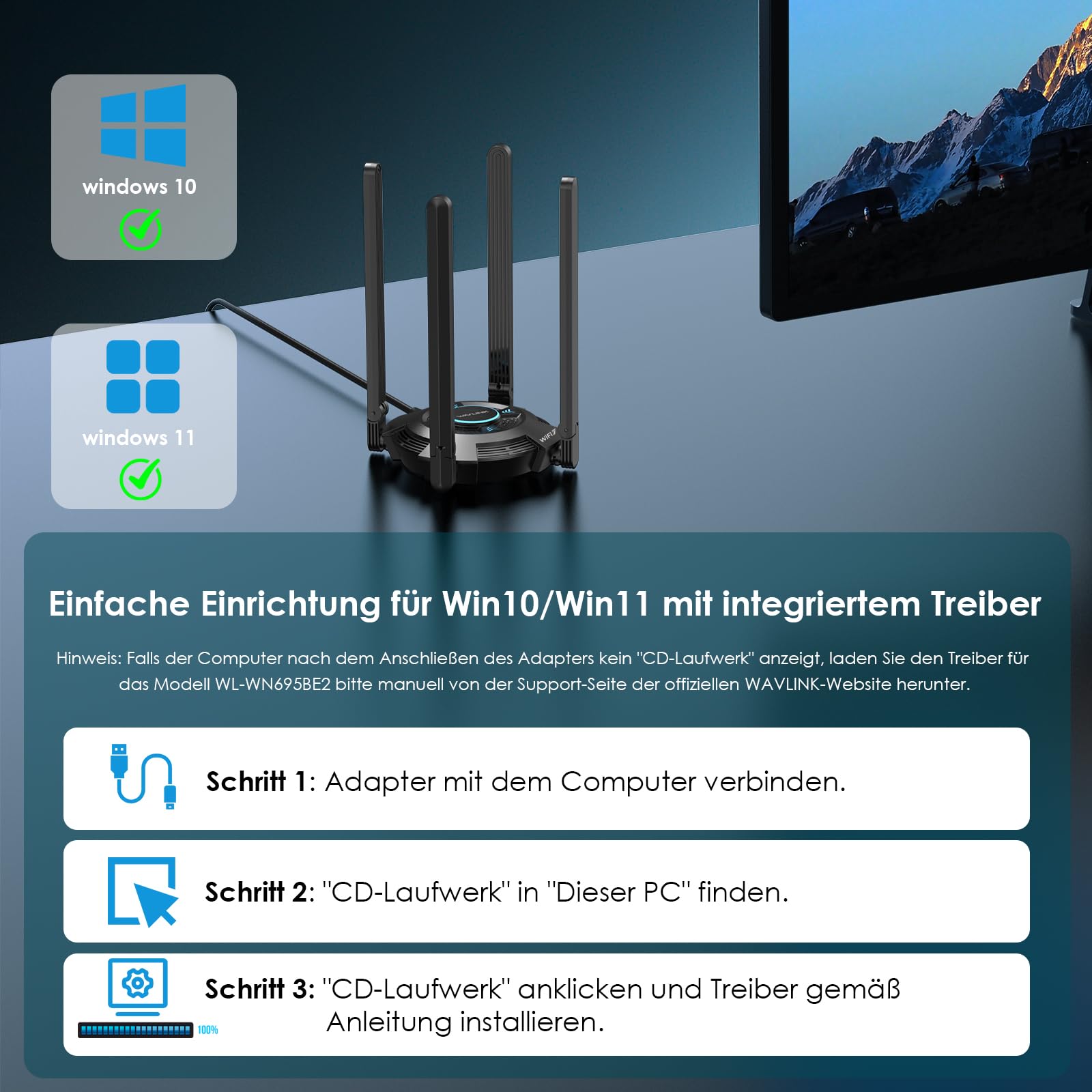 WAVLINK WiFi 7 USB WLAN Stick für PC, BE6500 Tri-Band USB WLAN Adapter mit integriertem Treiber, WPA3, MLO und Multi-RU, 5DBI-Antennen mit hoher Verstärkung, nur für Windows 11/10