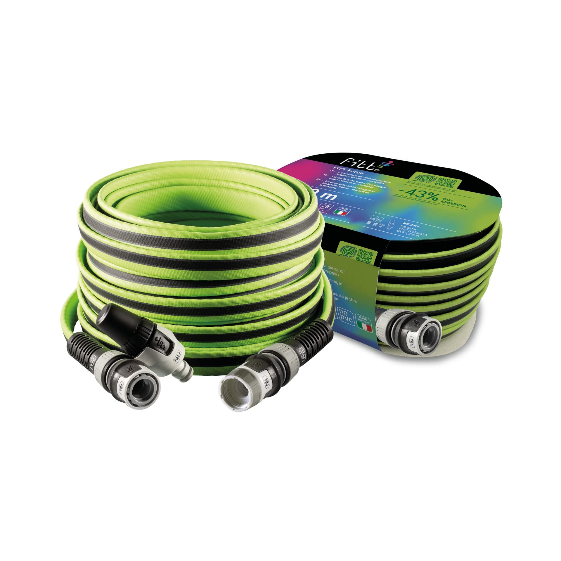 FITT FORCE 30 m, Tubo acqua per irrigazione giardino, Leggero, Resistente e compatto, Per Uso Intensivo, con Lancia, colore Lime, -43% CO2e