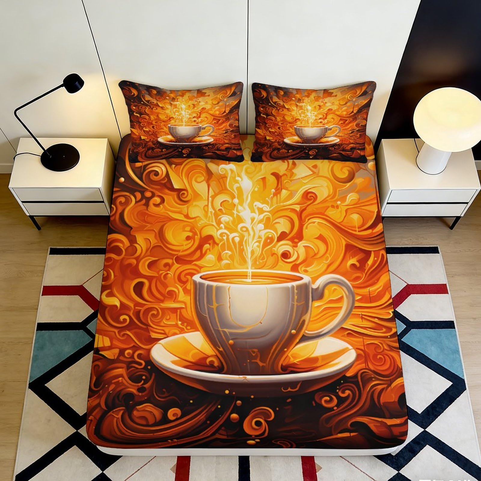 3D Printed Fiery Coffee Cup Fitted Sheet Microfiber Durable Breathable Swirl Mattress Cover for Bedroom Dormitory Guest Room Protection Decor 180x200x25cm