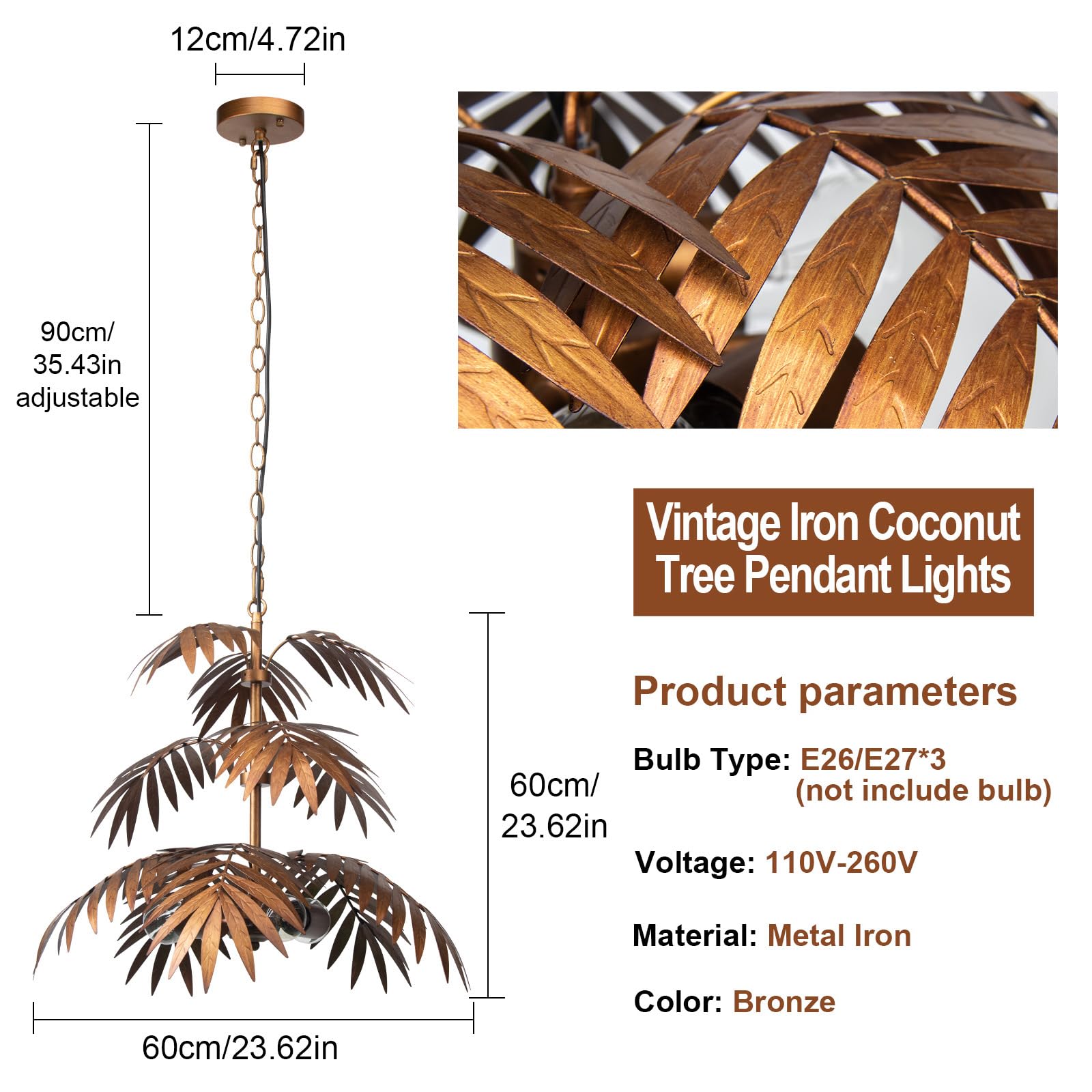 Retro Tropical Coconut Leaf Chandelier LED Scandinavian Tree Branch Iron Ceiling Light Home Decoration Lamps and Lanterns Hotel Club Decoration Lamps and Lanterns