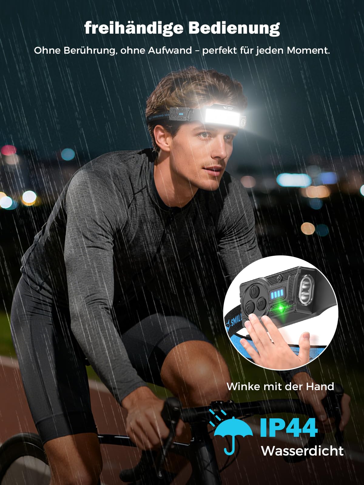 Smiling Shark Stirnlampe, 2 Stück Superhell Stirnlampen LED Wiederaufladbar mit 6 Breitstrahl & Einstellbar Spotlight Bewegungssensor 2400 mAh Akku 6 Modus Kopflampe für Joggen Wandern Camping