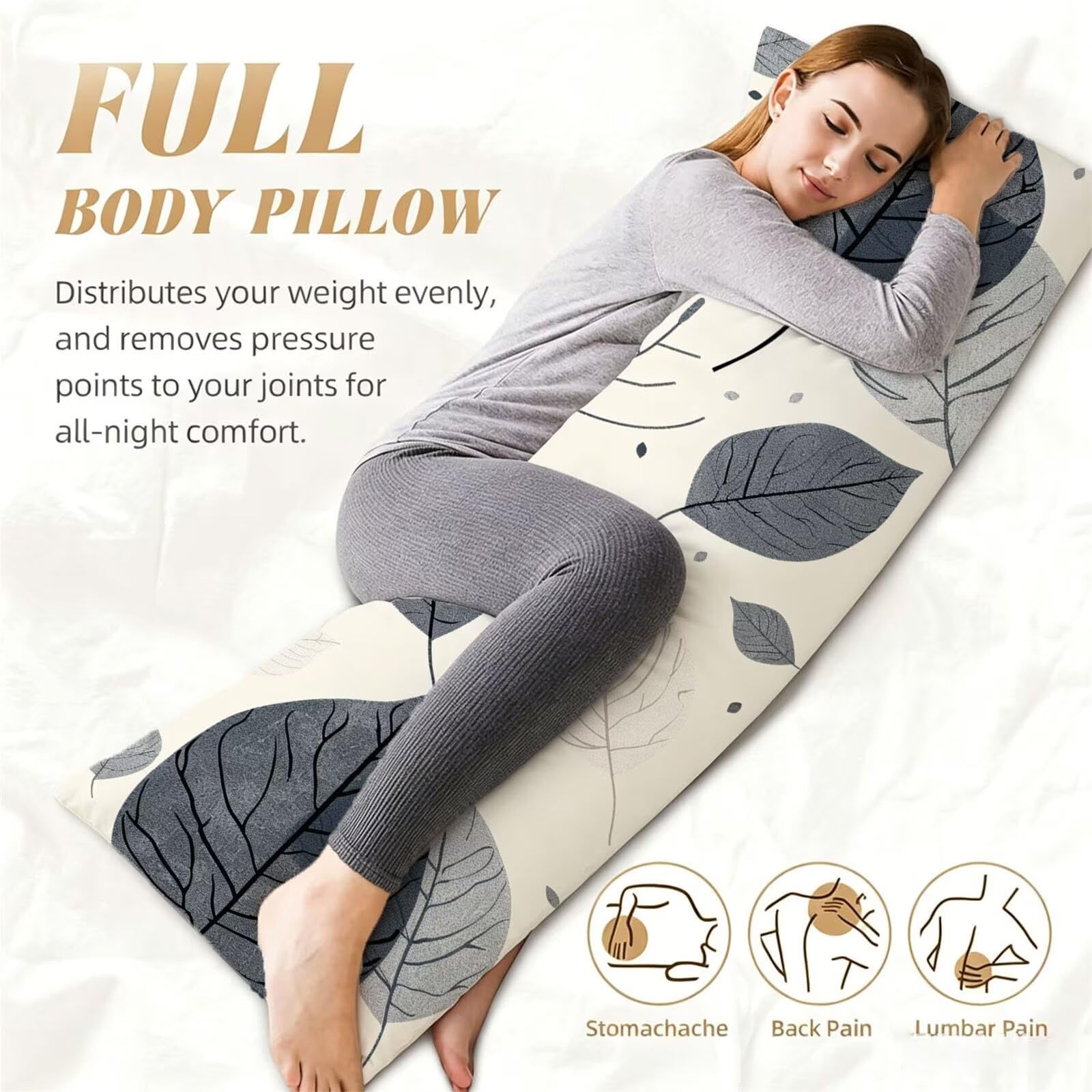 Funda de Almohada 60 x 180 cm Gris Protector Almohada 180 cm con Cremallera Invisible, Lino Durable y Transpirable Pillow Case Largas Hoja Impresión a Doble Cara para Cama, Sofá y Dormitorio dg-593