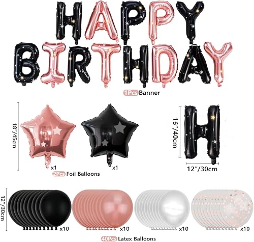 Miniatura 11 de Decoraciones de fiesta de oro rosa y negro – Cartel de feliz cumpleaños, globos, cortinas de flecos, mantel y decoración de pastel para niñas de 1