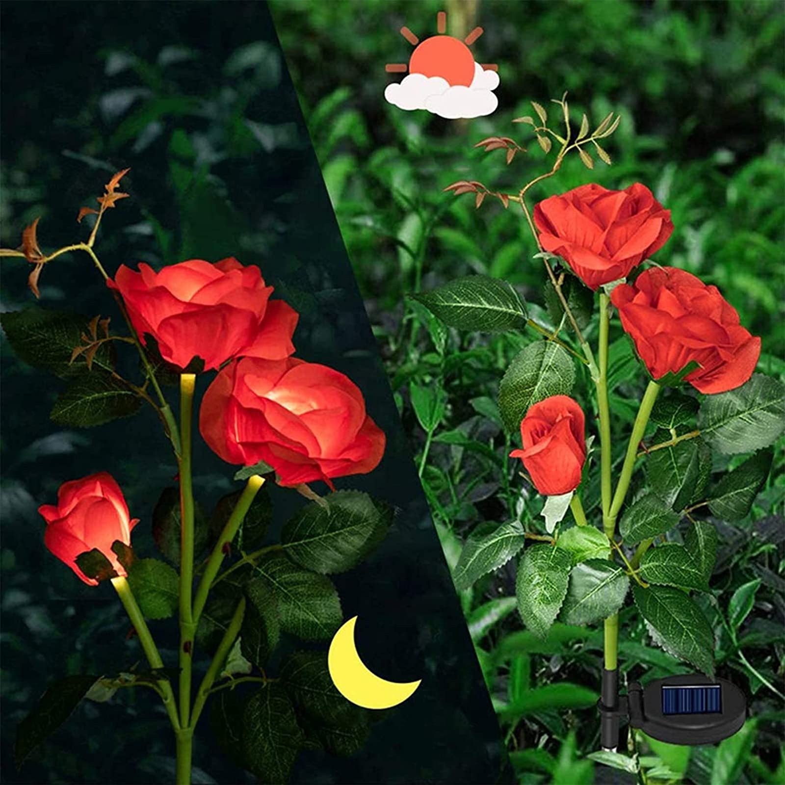 XVZ Solar Flower Outdoor Garden Lights,2 Packs Solar Garden Stake Lamps with 12 Rose Flower Waterproof Decorative Lights for Lawm Garden Patio Yard Pathway Party Holiday Decoration(red) - Image 2