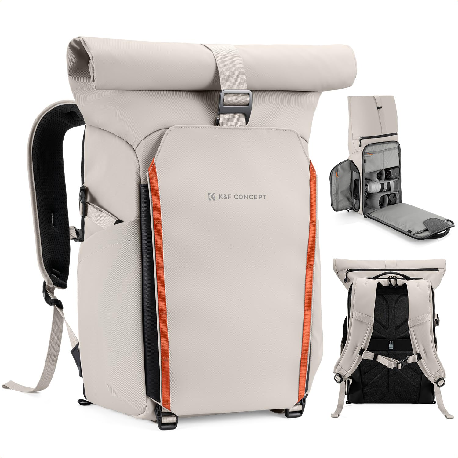 K&F CONCEPT Kamerarucksack mit Rolltop-Erweiterung | großer Fotorucksack mit vollständiger Rückseite zum Öffnen, Schnellzugriff und Laptopfach für Geräte bis zu 15,6 Zoll