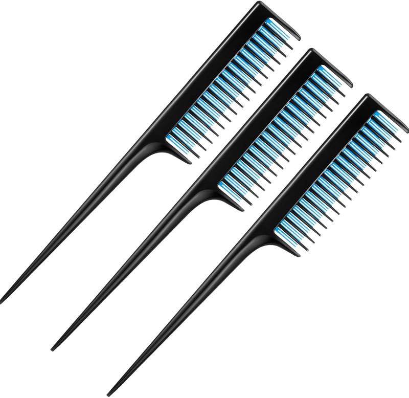 Leinuosen 3 Pcs 8 Inch Rat Tail Teasing Hair Comb,Black and Blue | Fine Tooth Styling for Backcombing Volume, Lightweight Sectioning with Pick Tail, Parting Tool for Women Salon