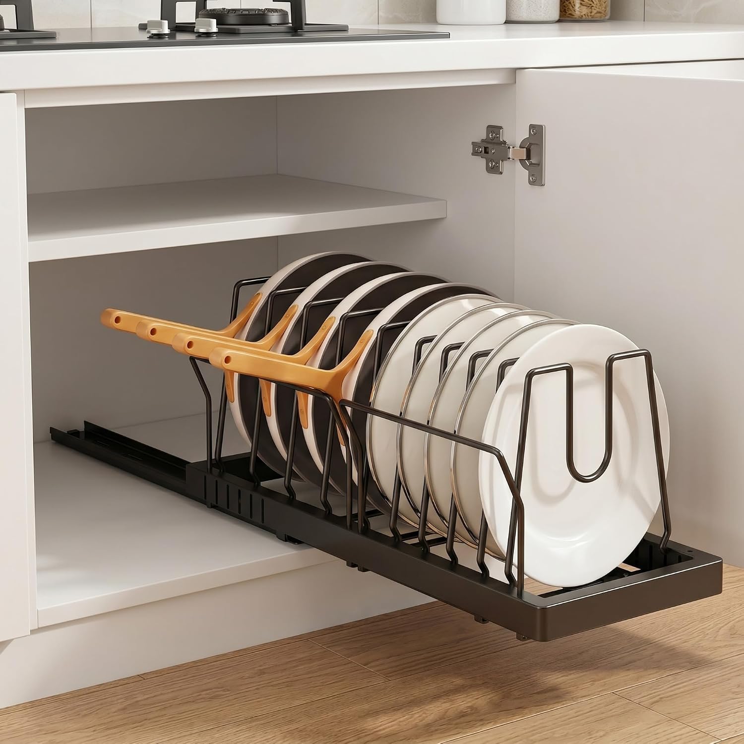 Pull Out Pots and Pans Organizer Under Cabinet – 20.5" Deep Pot and Pan Holder Rack with 10 Adjustable Dividers, Guardrail Design, Adhesive Pull-Out Pot Lid Organizer