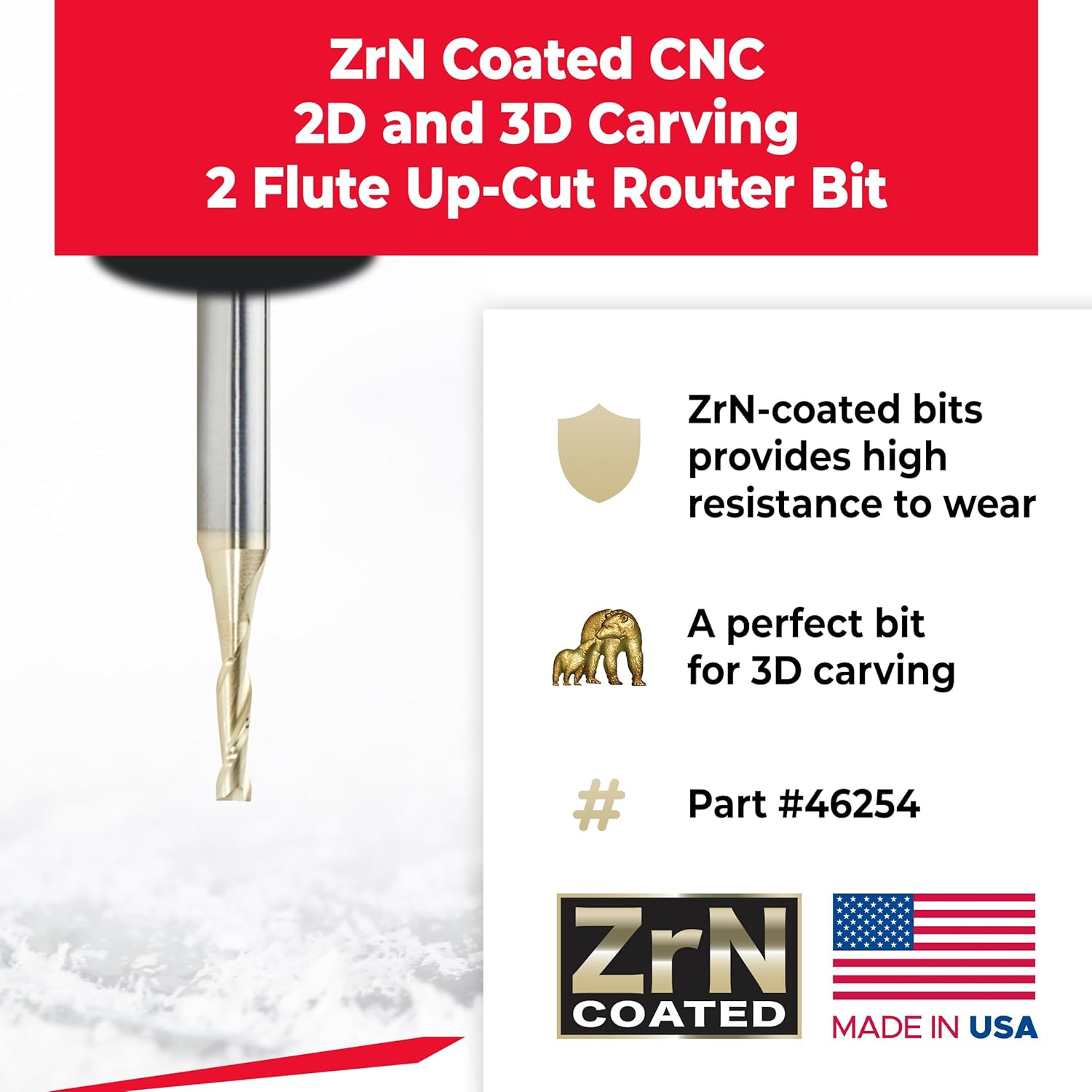Amana Tool CNC Router Bits for 2D/3D Carving Flat Bottom, ZrN Coated, 46254, 0.10 Deg Angle x 1/8 Dia x 15/32 x 1/4 Shank x 2-23/64 Inch Long x 2 Fl