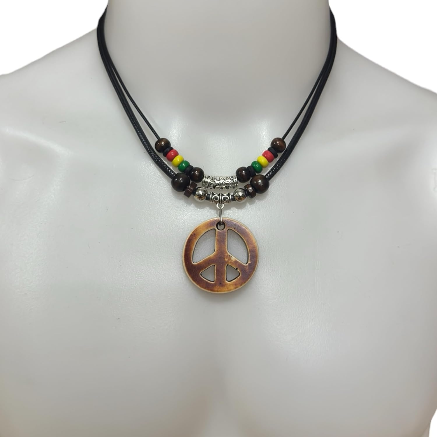 LAVIP Leather Peace Sign Pendant Double Layers Peace Symbol Brown Pendant Necklace Coconut wood Beads - Image 5