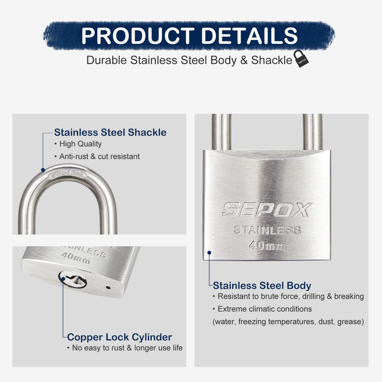SEPOX® Marine Grade Long Outdoor Padlocks Keyed Alike, 40mm Heavy-Duty Solid Brass Lock Weatherproof, Longer SUS304 Stainless Steel Shackle, Rust Resistant for Warehouse Barn 4pc Lock with SEPOX® Marine Grade Long Outdoor Padlocks Keyed Alike, 40mm Heavy-Duty Solid Brass Lock Weatherproof, Longer SUS304 Stainless Steel Shackle, Rust Resistant for Warehouse Barn 4pc Lock with