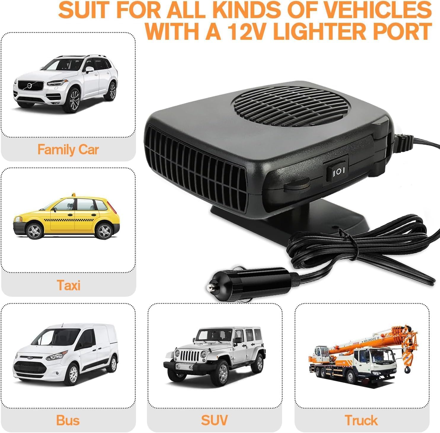 Leaflai Riscaldatore auto da 12 V 150 W anti-appannamento termoventilatore con impugnatura ergonomica, termoventilatore portatile per il collegamento all'accendisigari per veicoli di piccole