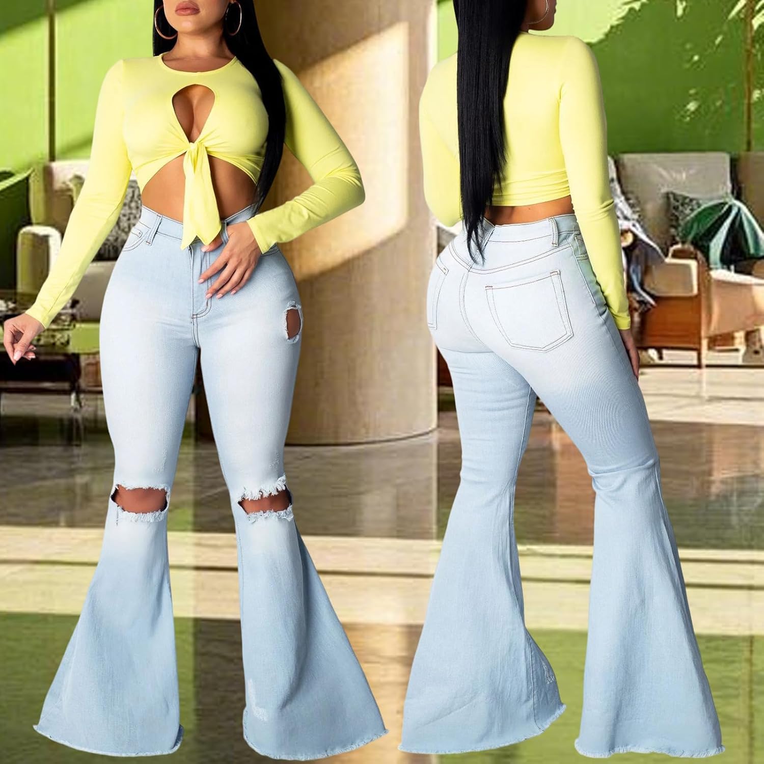 70s Bell Bottom Jeans for Women Elastic High Waisted Raw Hem Denim Pants Classic Vintage Flared Jeans - Image 7