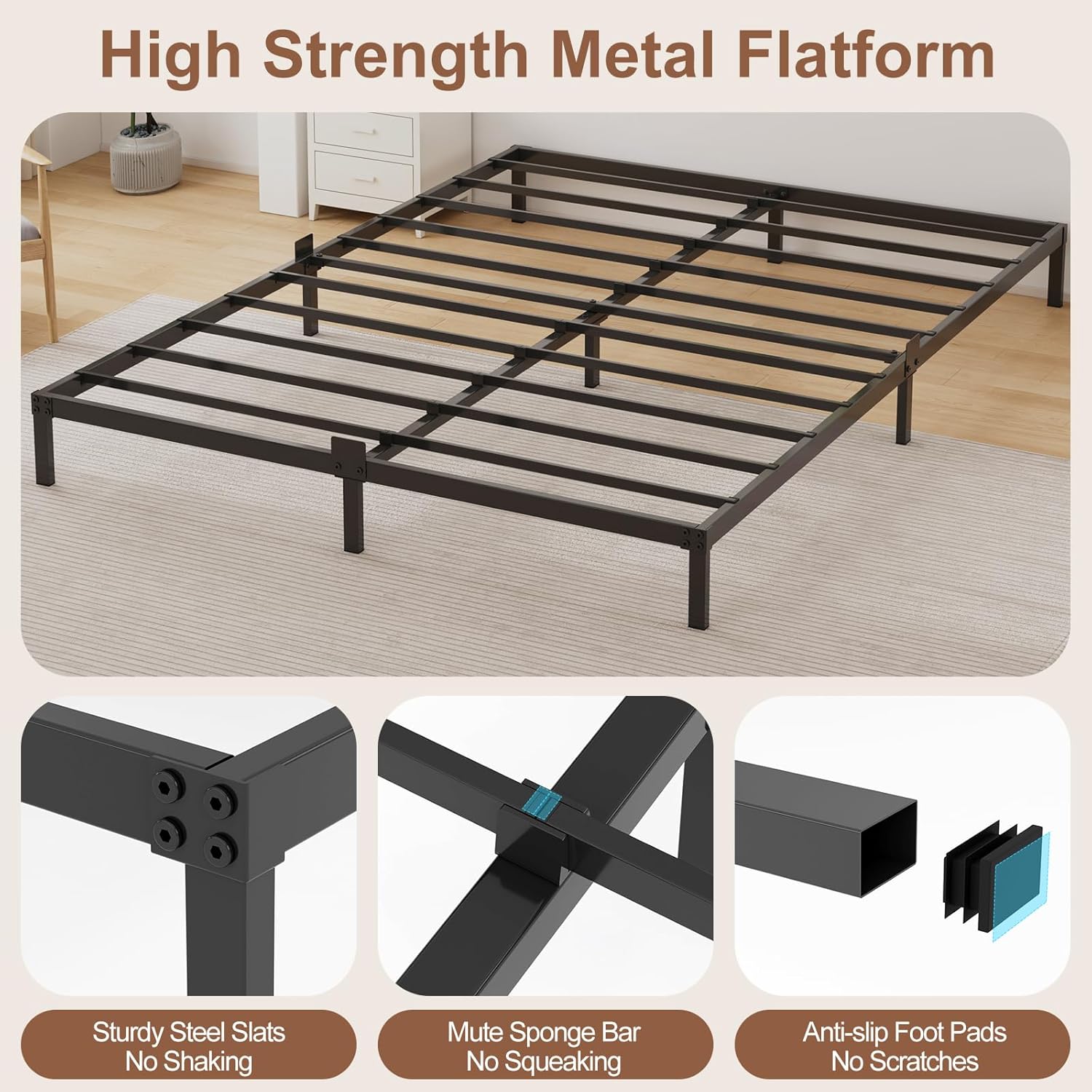 6 Inch Queen Bed Frame Low Profile, Queen Size Metal Platform Bed Frame No Box Spring Needed, Heavy Duty Steel Slats Mattress Base, Easy Assembly, Noise Free, Black