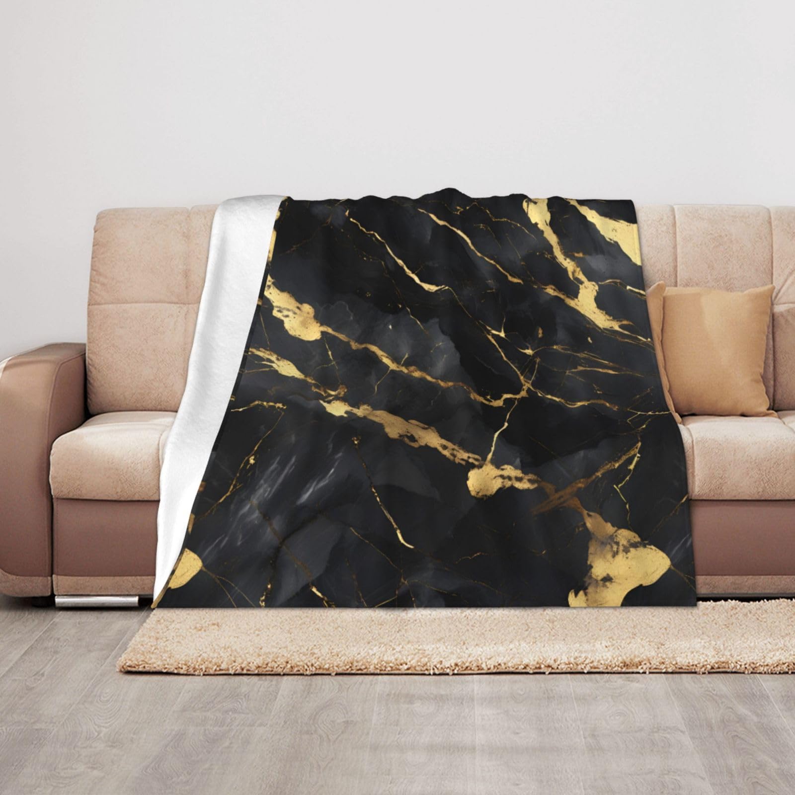 Couverture en peluche marbre noir et doré douce 127x101 cm pour canapé