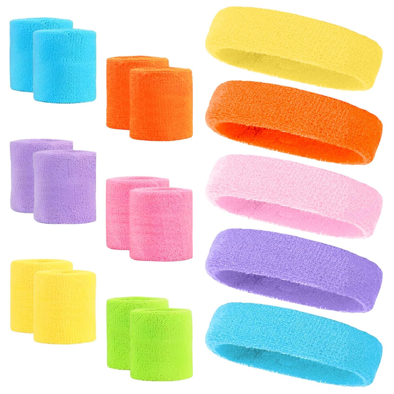 18 Piece Colourful Sweat Bands, 7 x 8 cm Sports Wristbands, 18.5 x 5 cm Neon Headband 80s, Sweat Band Wrist and Sports Headband Set, for Men and Women in All Sports