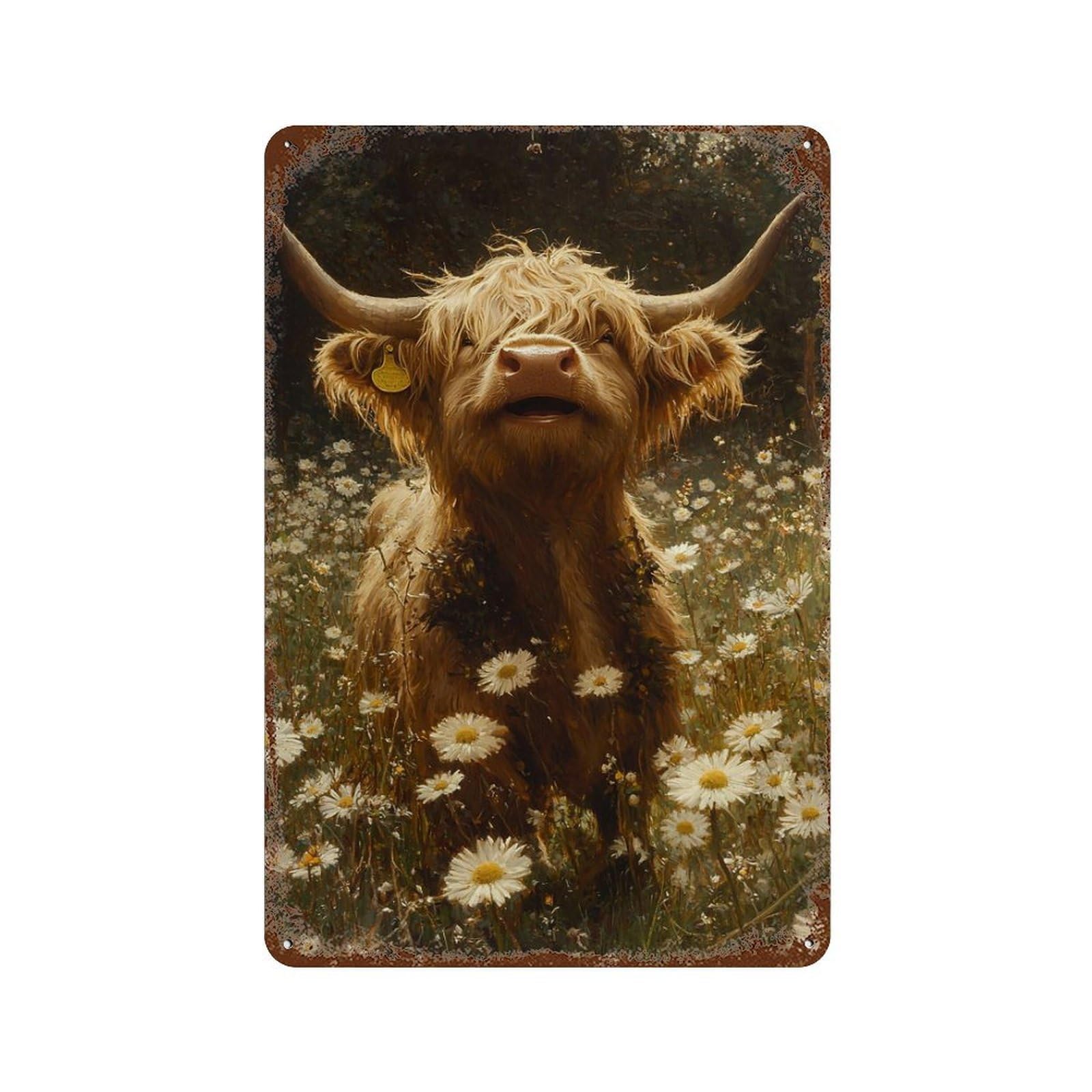 Garage Style Highland Cow in Daisy Field Aged Metal Wall Plaque 11.8"x7.9", Industrial Home Decor for Bar And Workshop