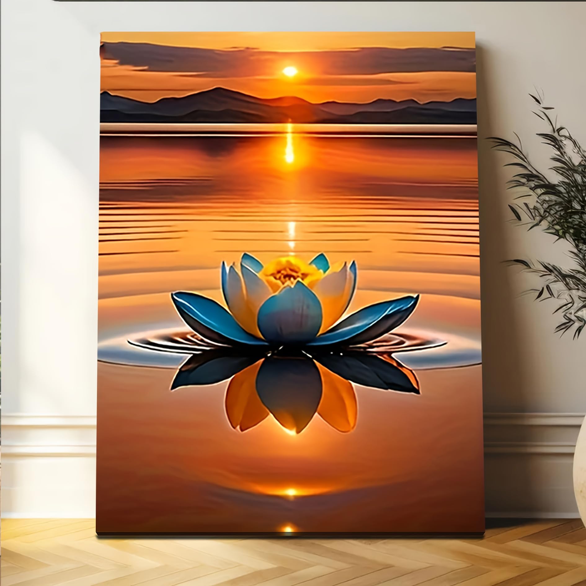 LSYALUCK Modern Minimalist Canvas Painting Serene Sunset for Lotus Wall Art Suitable for Bedroom Living Room Bathroom Kitchen Decor(90x140cm(35x55in)/InnerFrame)