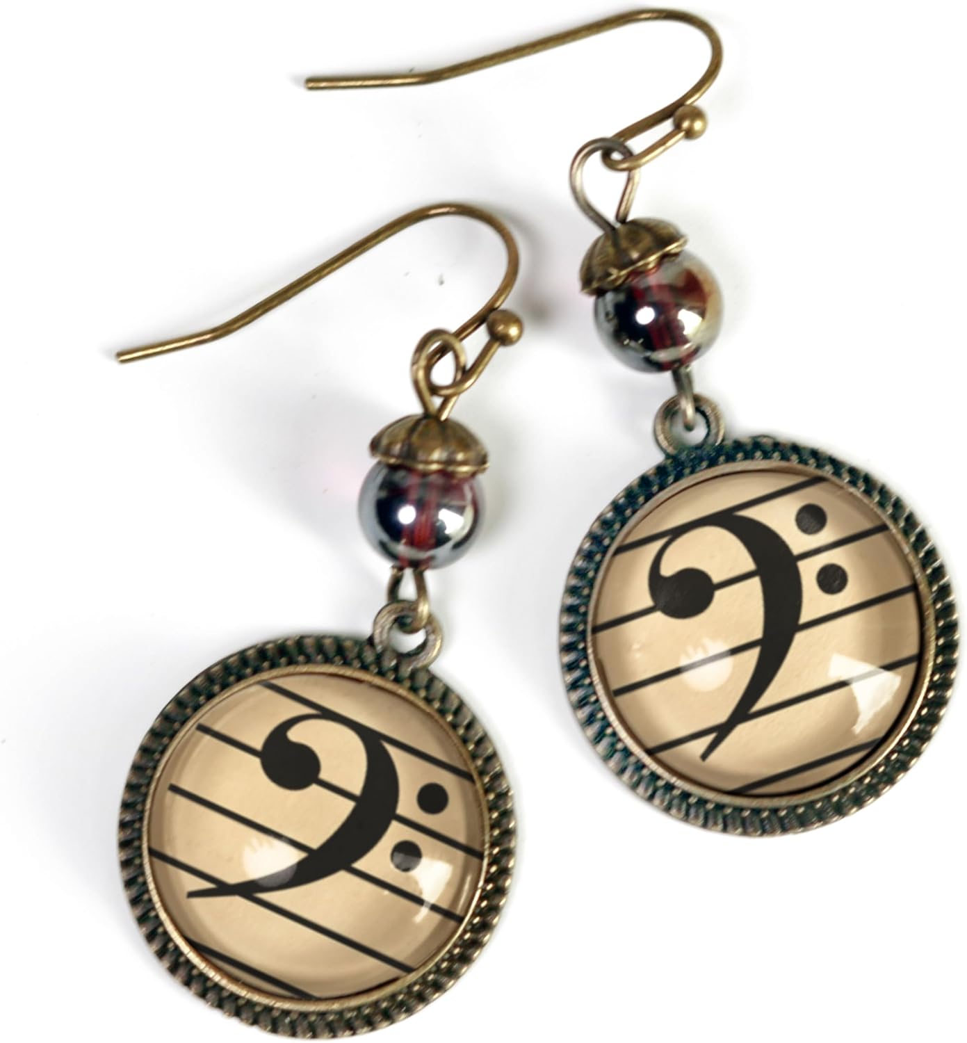 Handmade Antique Bronze Music Note Glass Cabochon Earrings – Unique Bass Clef Jewelry for Musicians, Composers, and Music Lovers