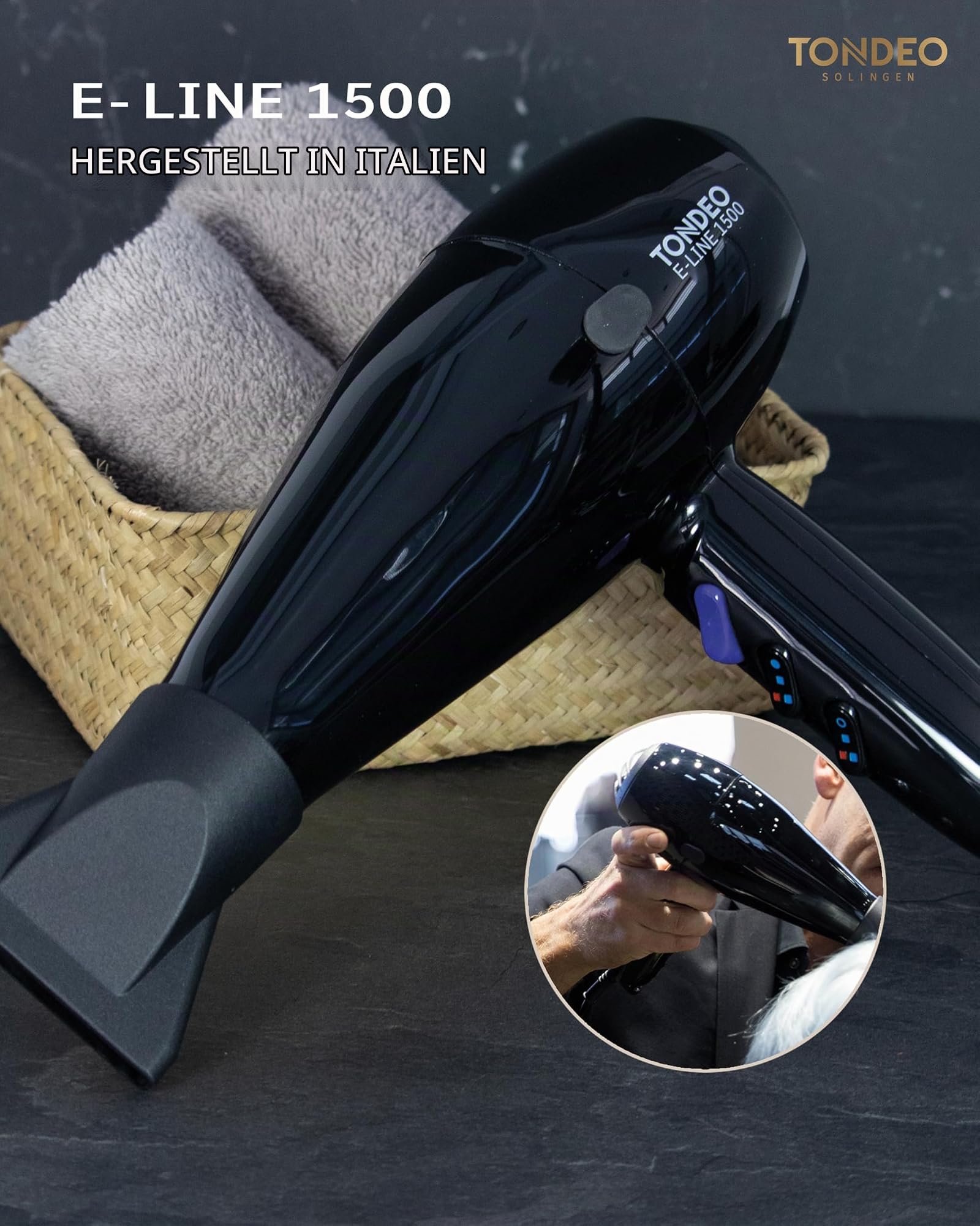 TONDEO Haartrockner E-LINE 1500 | professioneller Föhn | Profi-Föhn mit 3 Heizstufen & Sofort-Kalttaste | Drehgelenk und 3m Kabellänge für einfaches Handling und individuelle Styles