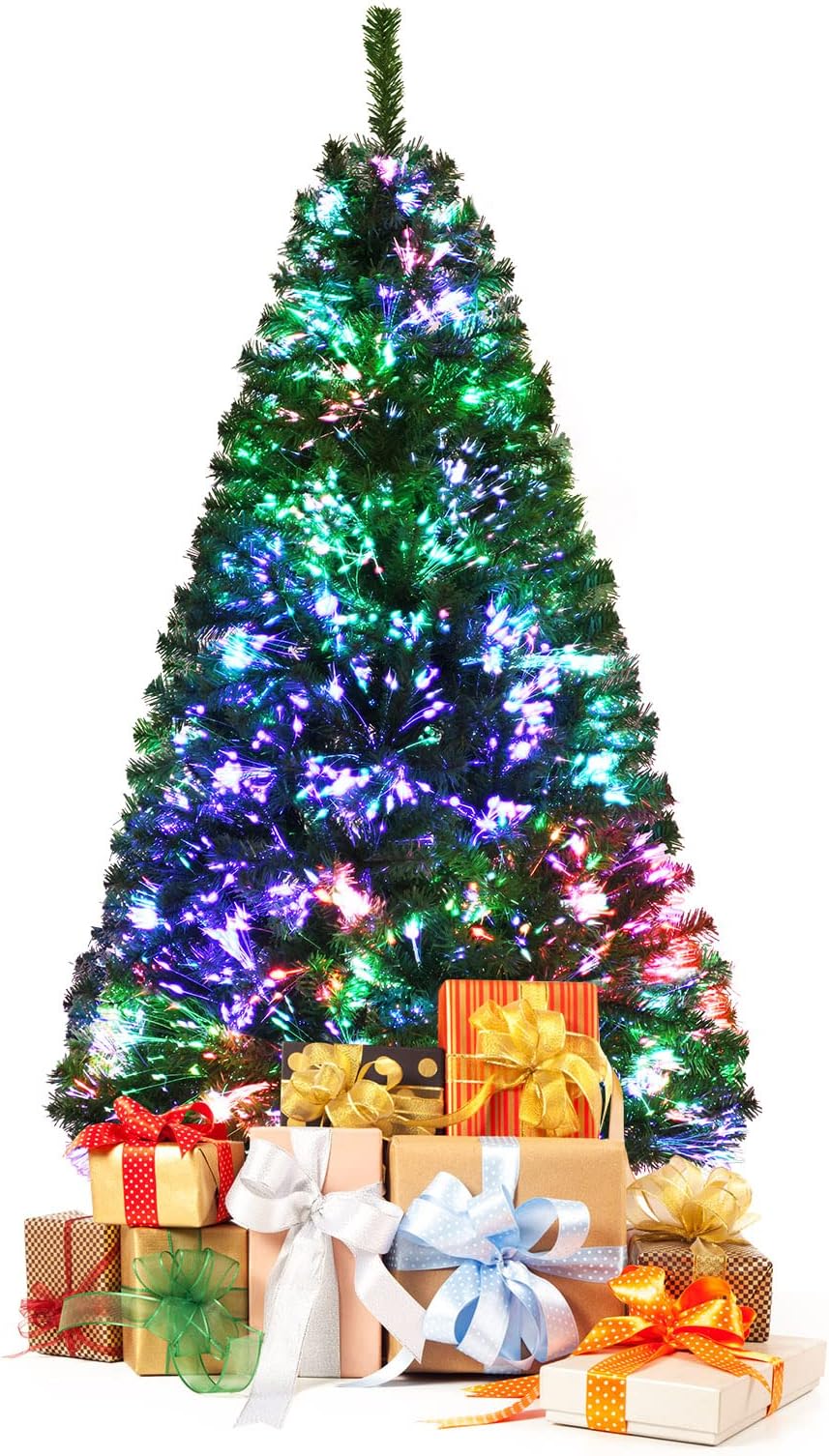 GOFLAME 5 Ft Pre-lit Artificial Christmas Tree, Premium Fiber Optic Christmas Tree, Holiday Spruce Xmas Tree with Solid Metal Stand, Party Decoration w/ 449 Branch Tips for Indoor Decoration