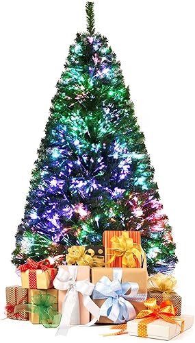 Miniatura 10 de GOFLAME Árbol de Navidad artificial preiluminado de 5 pies, árbol de Navidad de fibra óptica de alta calidad, árbol de Navidad de abeto navideño con