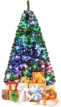 GOFLAME 5 Ft Pre-lit Artificial Christmas Tree, Premium Fiber Optic Christmas Tree, Holiday Spruce Xmas Tree with Solid Metal Stand, Party Decoration w/ 449 Branch Tips for Indoor Decoration