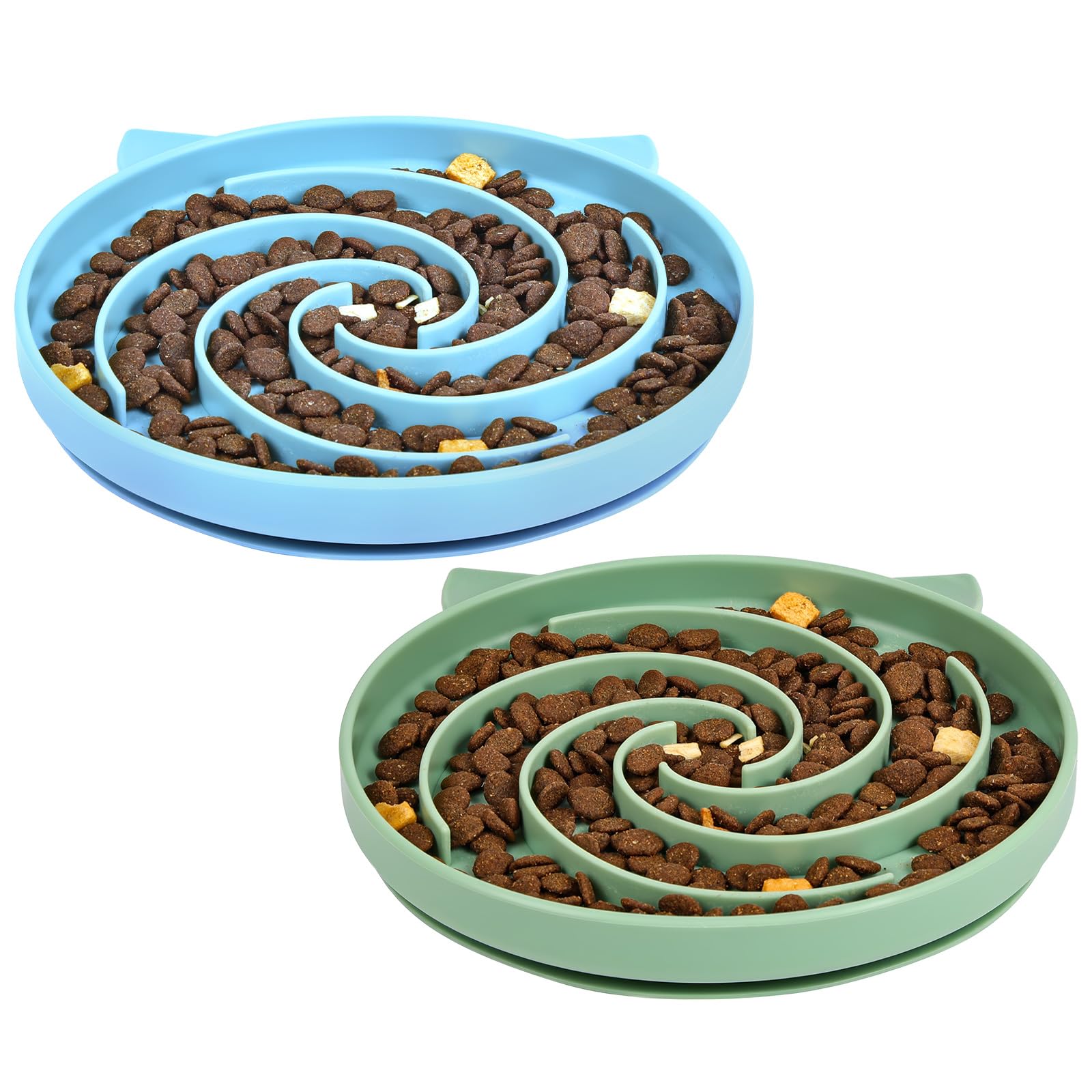 Alaoo Silicone Slow Feeder Cat Bowl, 2Pcs Anti Choking Puzzle Cat Food Bowl with Non-Slip Base, Silicone Dog Feeding Bowl for Puppies & Cats, Green+Blue
