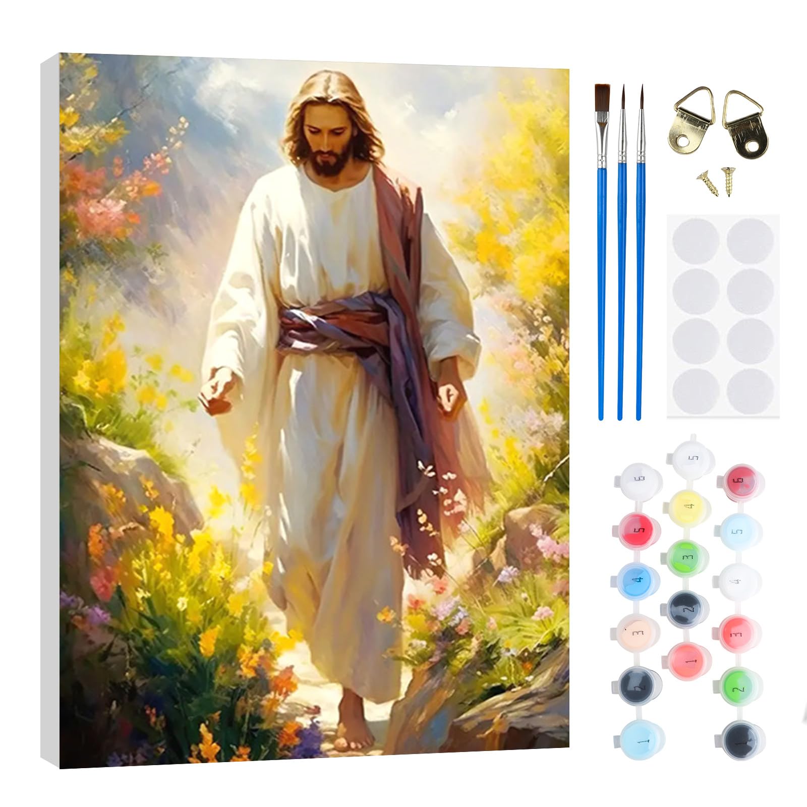RICUVED Jesús Pintura por Números 20x30cm para Adultos y Niños con Marco de Madera -Jesús Kit Completo con Pinceles, Pinturas y Lienzo para Decoración de Pared y Regalo Creativo